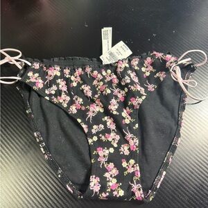 PINK Victoria's Secret Black Bikini Bottom with Pink Floral Print and Side Ties